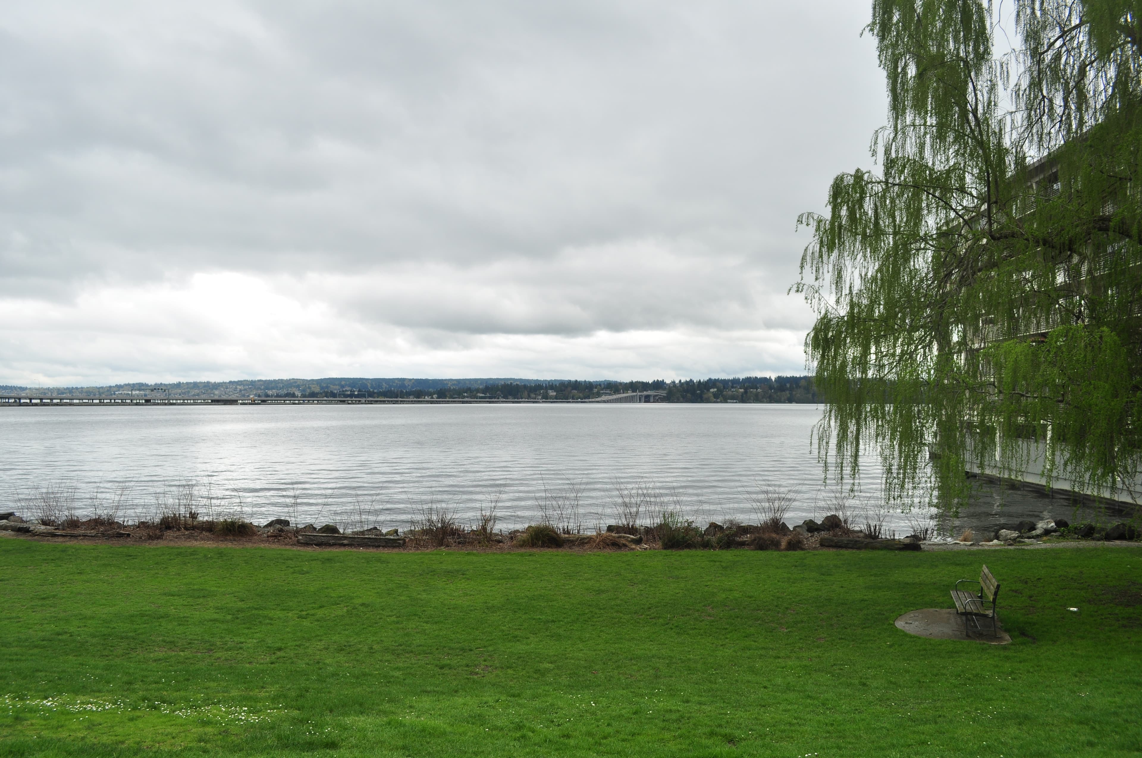 Madison Park's lakefront beach on Lake Washington, looking across toward the Eastside