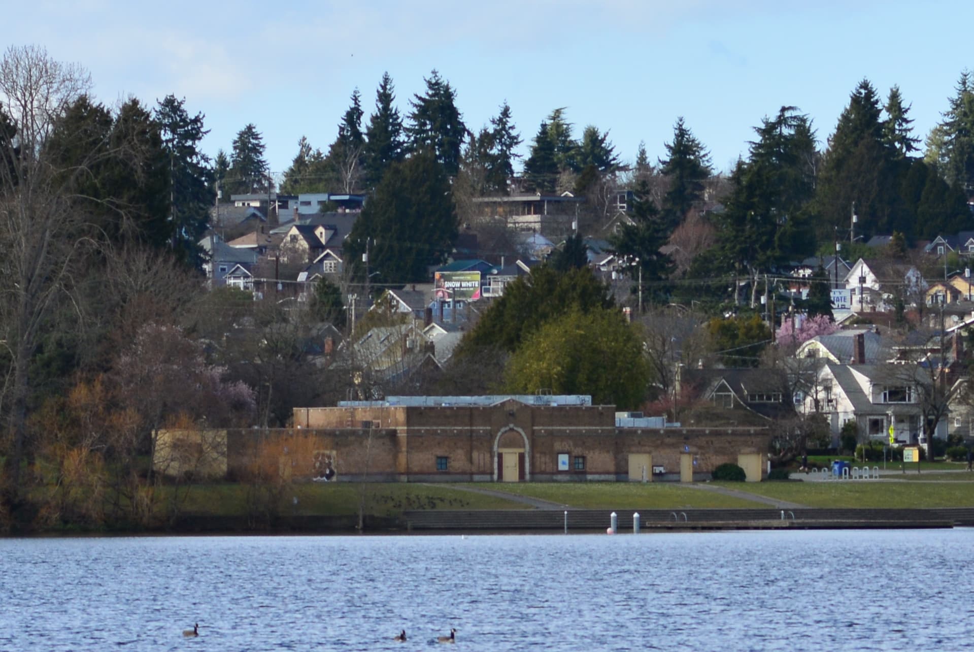 The historic Green Lake Bathhouse seen across the lake, with the surrounding neighborhood on the hill behind it